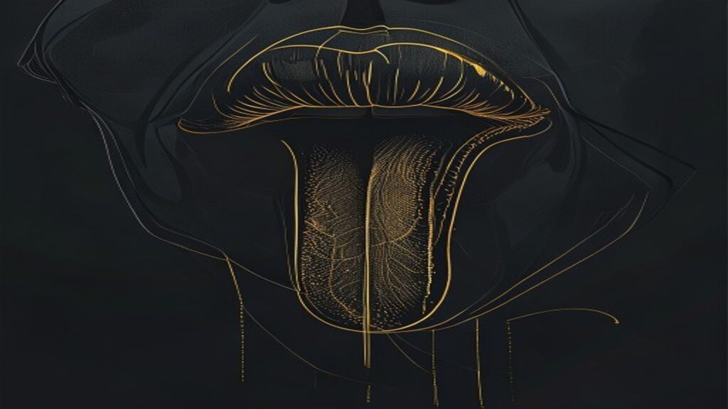 Ilustración editorial de anatomía de la lengua para artículo sobre piercings snake eyes y surface linguales