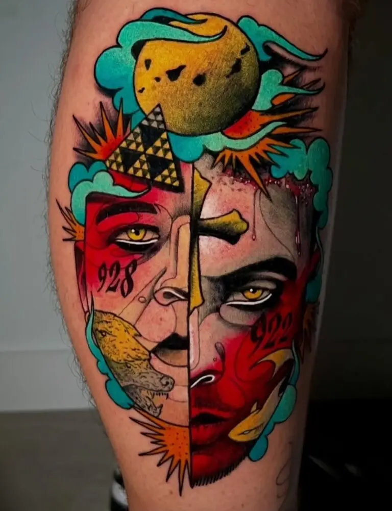 Tatuaje neotradicional a color en la pierna, realizado en Bendito Querer (La Laguna, Tenerife)